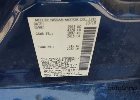 2019 Nissan Altima 2.5 Sr from USA, damaged, VIN 1N4BL4CV0KC120497